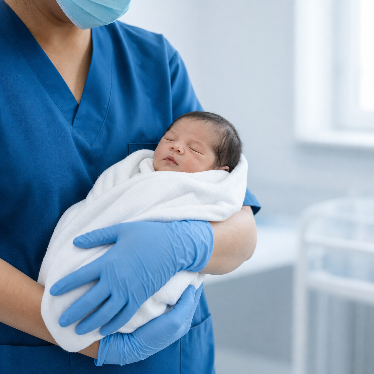 Profesional de salud sosteniendo a un recién nacido envuelto en una manta