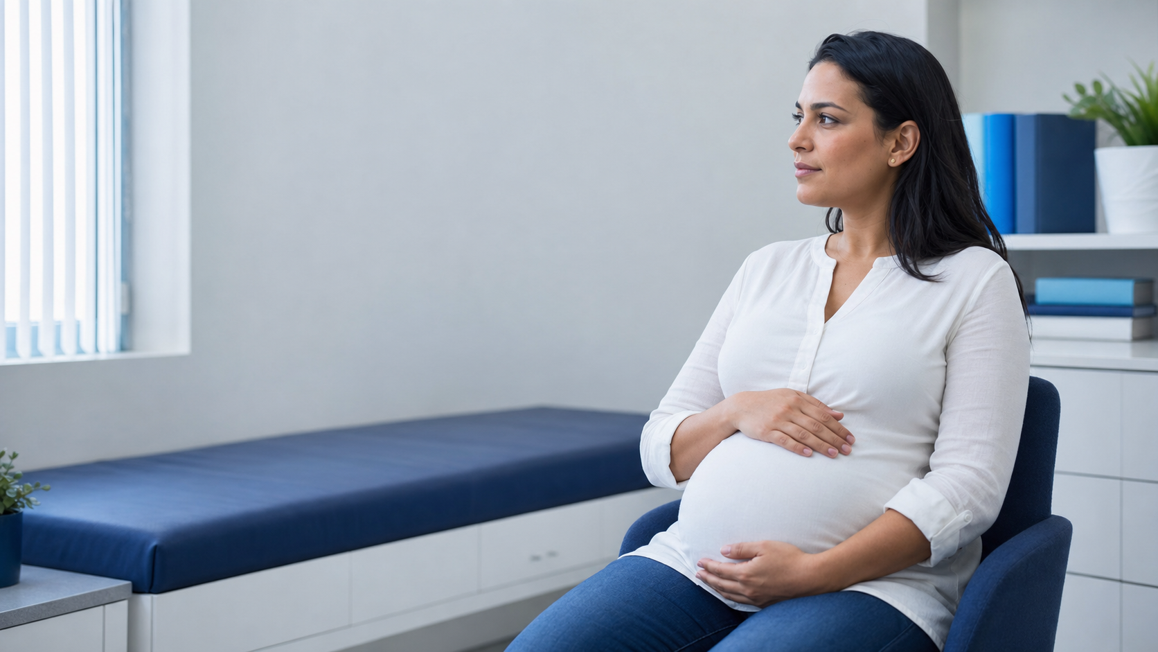 Mujer embarazada sentada en el consultorio durante su control prenatal, con luz natural fría
