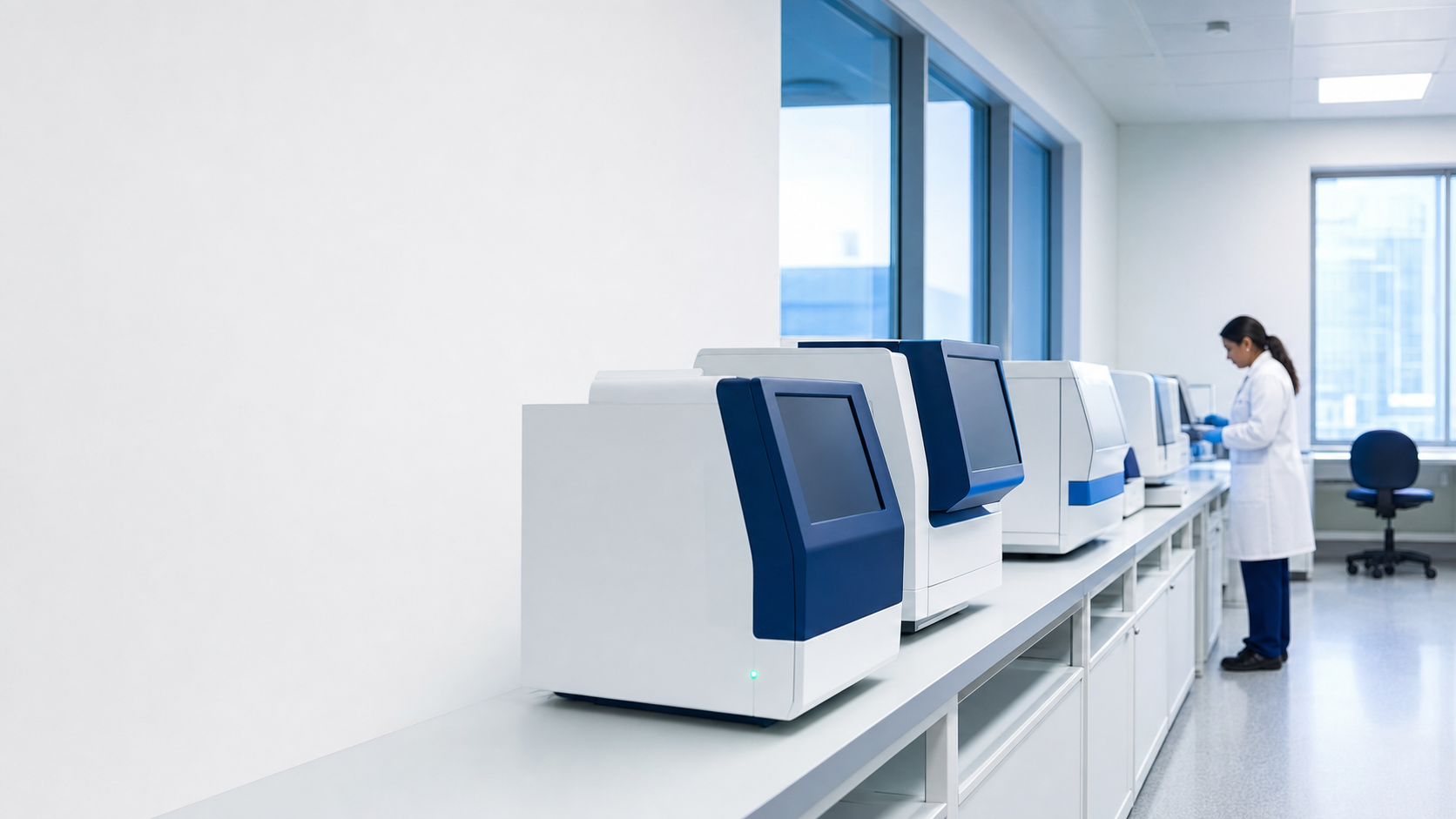 Sala de laboratorio con secuenciadores alineados y una técnica trabajando al fondo