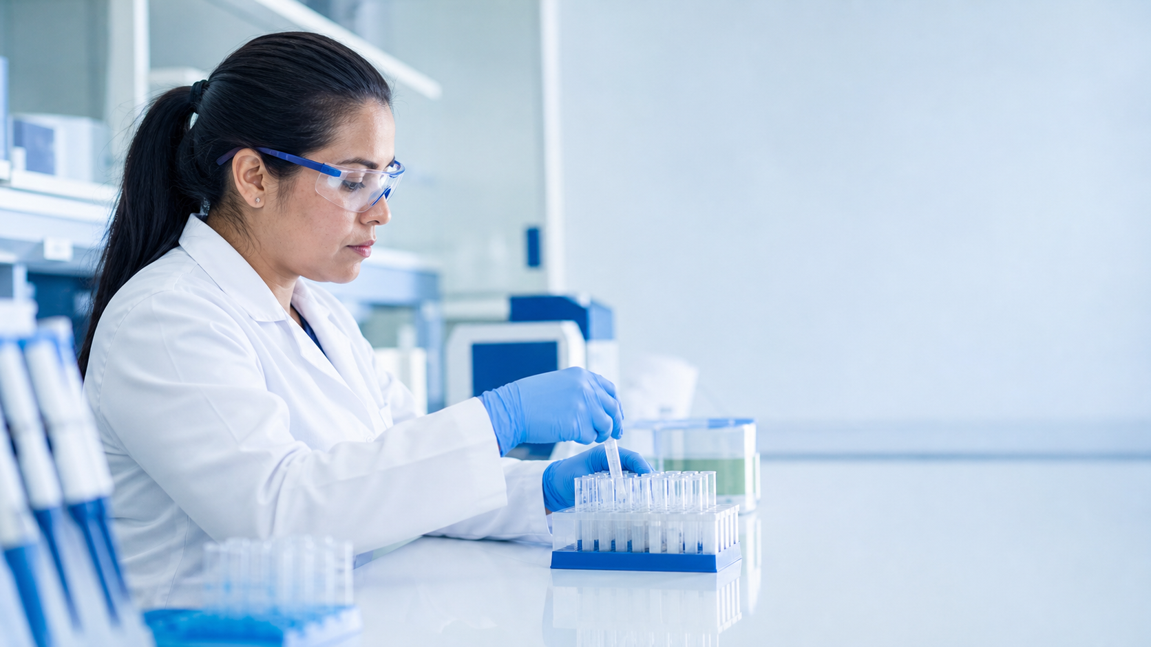 Técnica de laboratorio pipeteando muestras en una sala de análisis