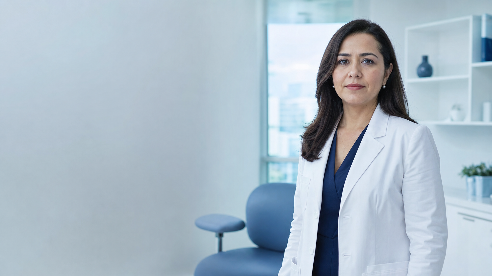 Médica especialista de bata blanca en su consultorio