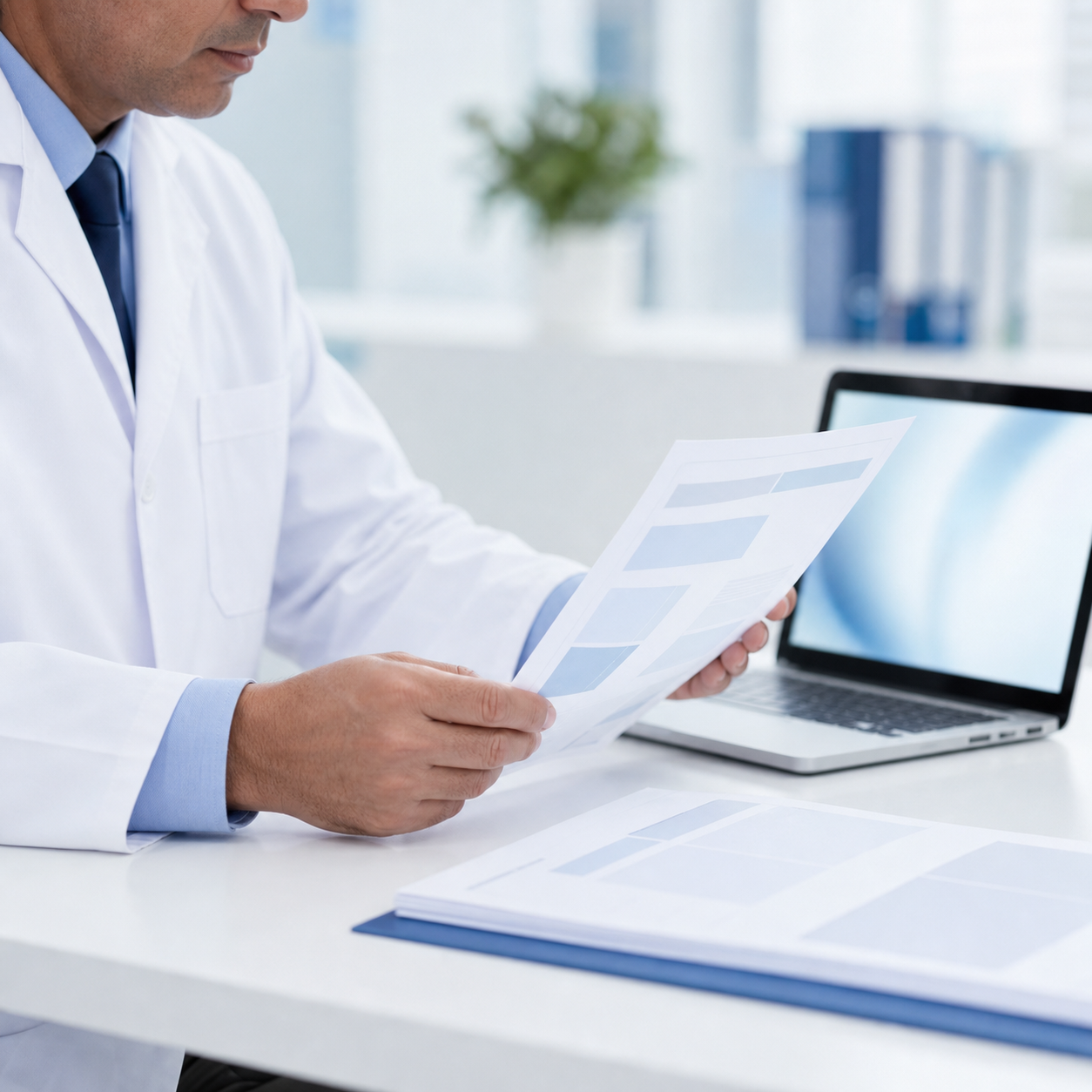 Médico revisando el informe impreso de resultados